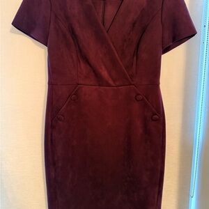 Calvin Klein Burgundy Faux Suede Wrap Dress Short Sleeve Cocktail Work Dress